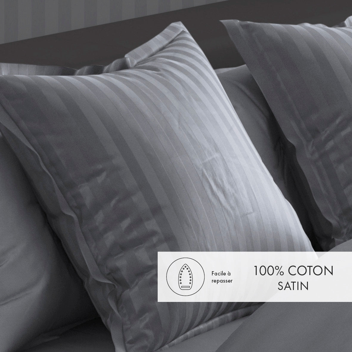 Set of 2 pillowcases cotton satin dobby stripe woven - Dark grey