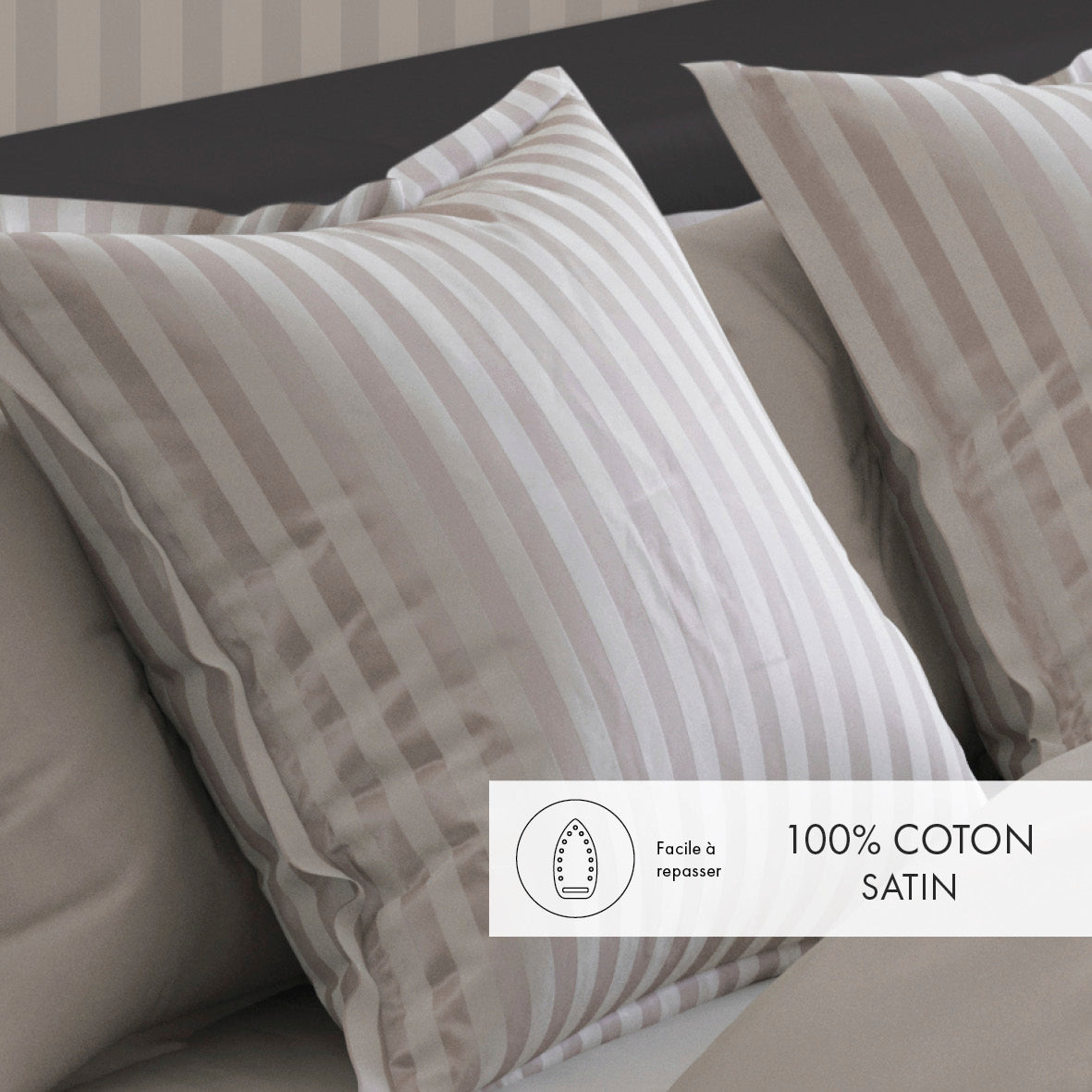 Set of 2 pillowcases cotton satin dobby stripe woven - Taupe