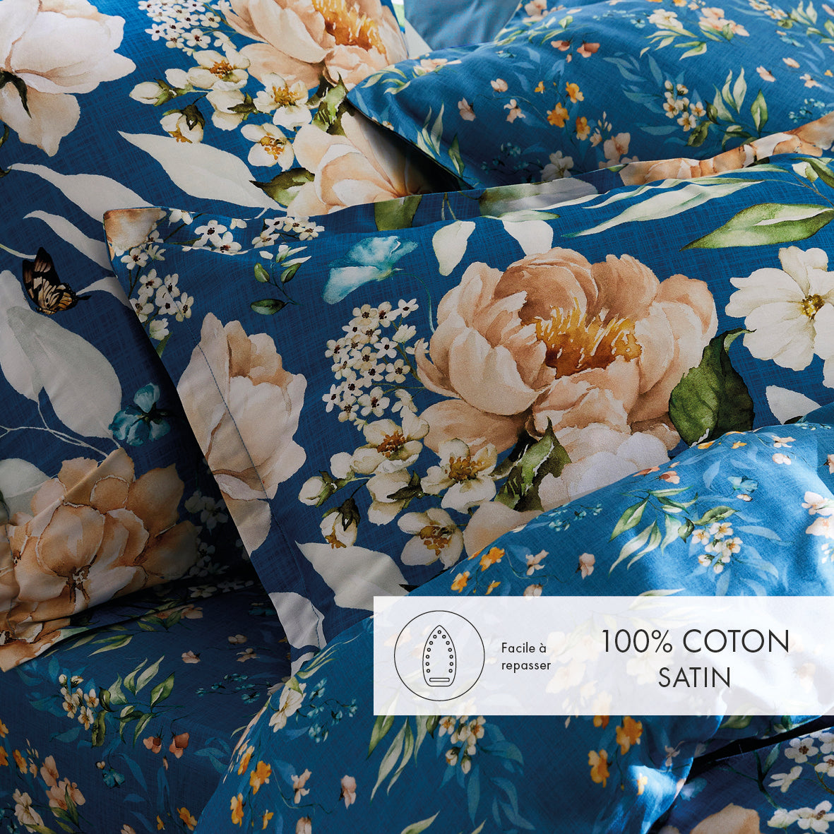 Duvet cover + pillowcase(s) cotton satin - Jardin de Fleurs Blue