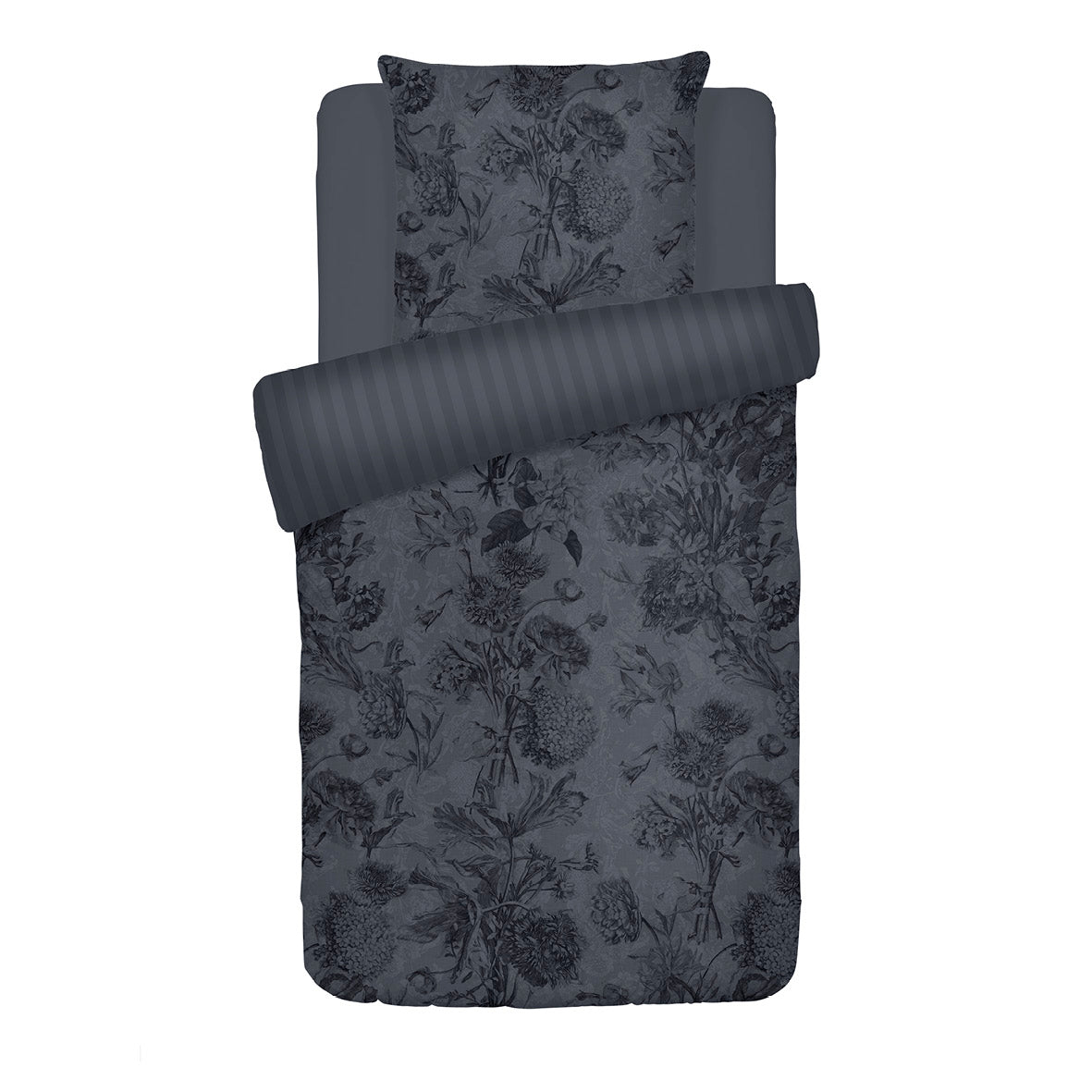 Duvet cover + pillowcase(s) cotton satin - Toile Fleurie Black / Grey