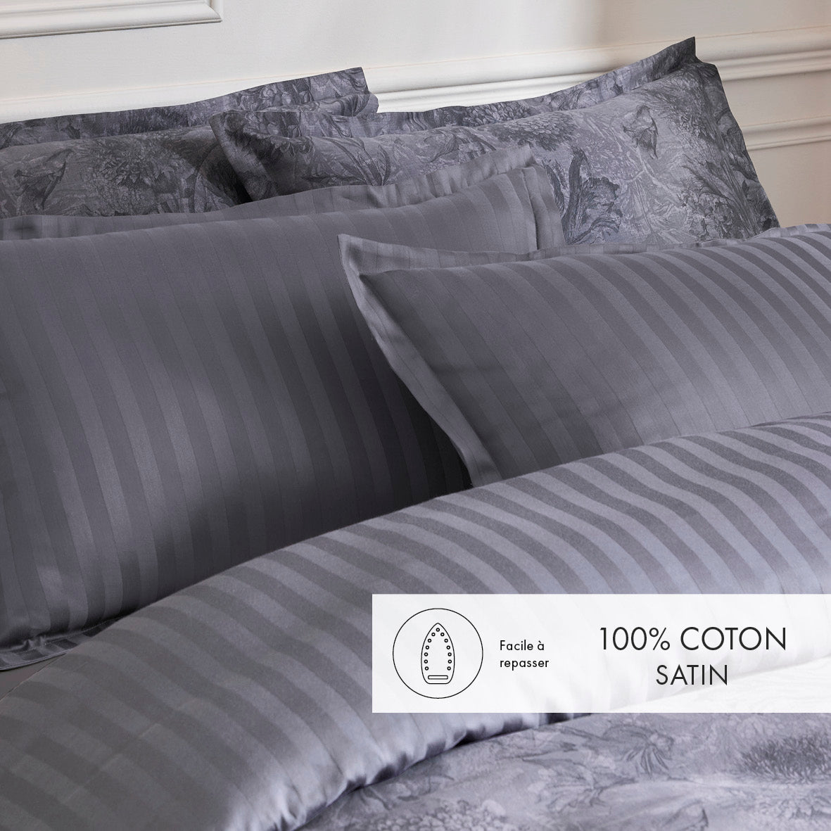 Pillowcase(s) cotton satin - Toile Fleurie Black / Grey