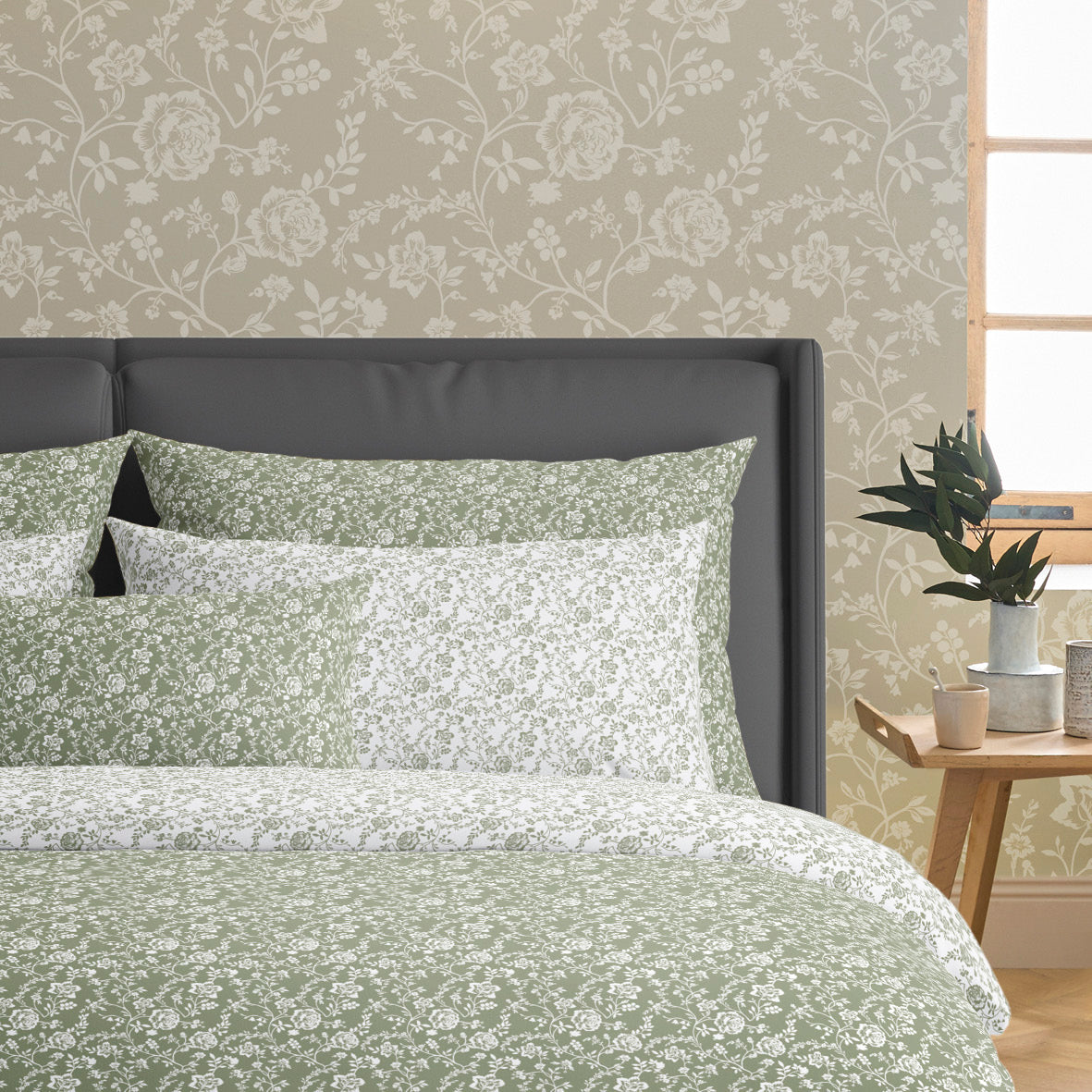 Duvet cover + pillowcase(s) cotton satin - Parterre de Roses green