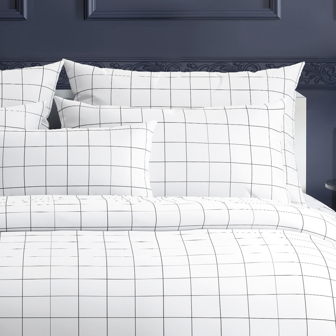 Duvet cover + pillowcase(s) cotton satin - Carreaux white