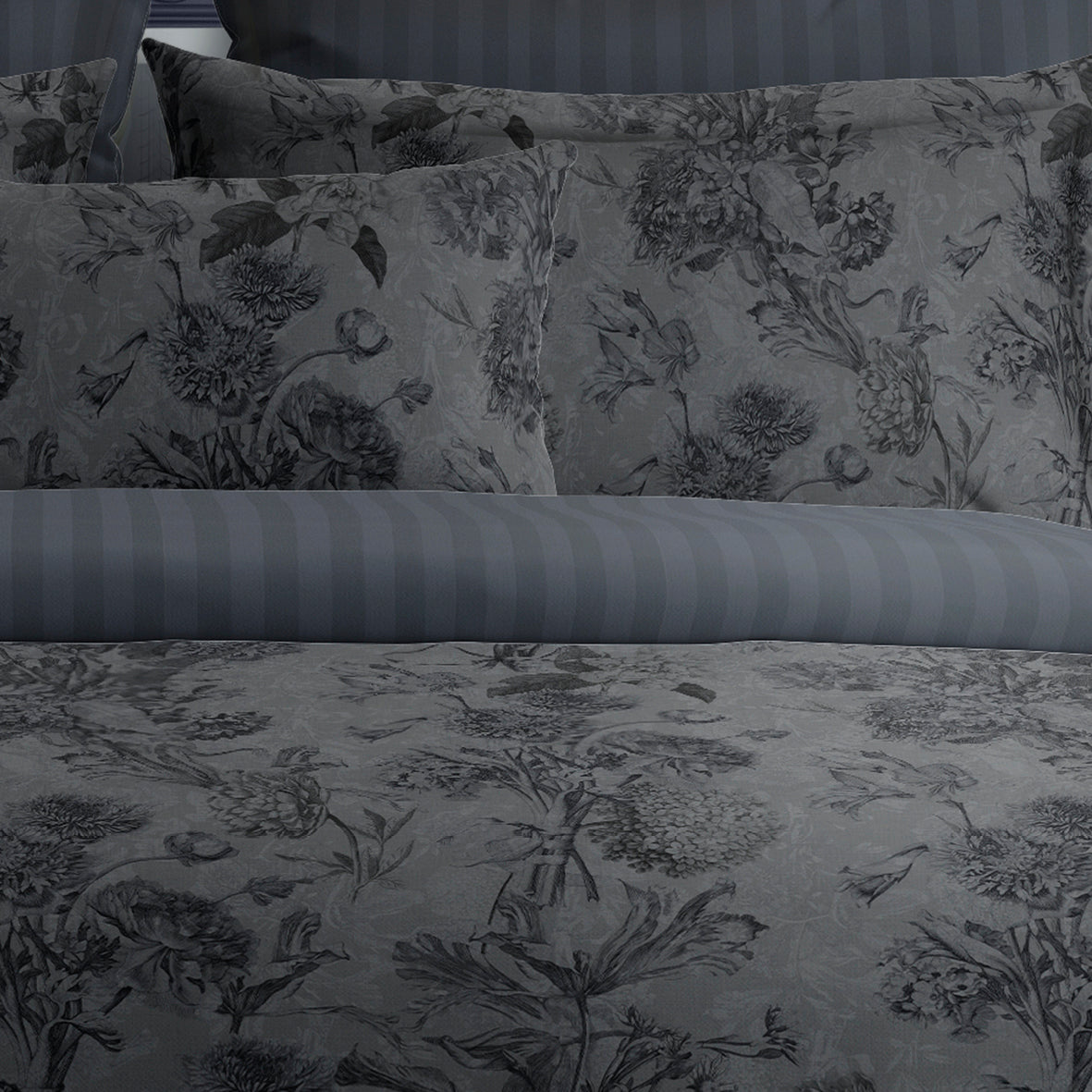 Duvet cover + pillowcase(s) cotton satin - Jardin Botanique Black / grey