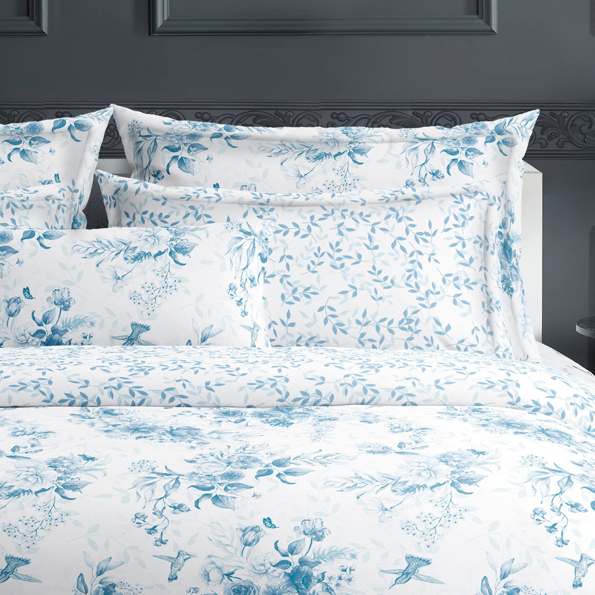 Duvet cover + pillowcase(s) cotton satin - Bleu Floral white