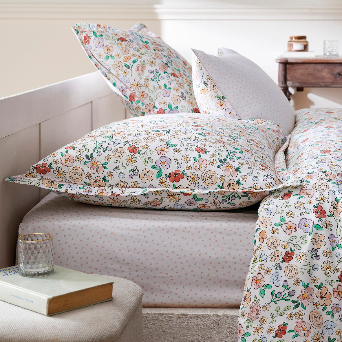 Duvet cover + pillowcase(s) cotton satin Prairie Fleurie - Petit Pois White