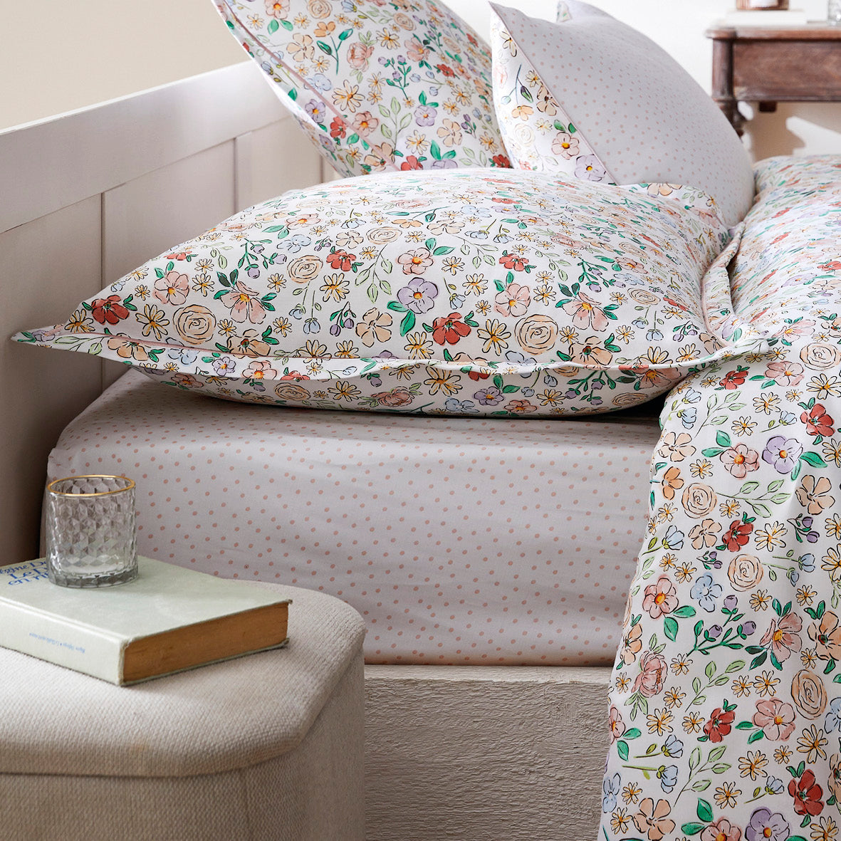 Fitted sheet cotton satin - Petits Pois White