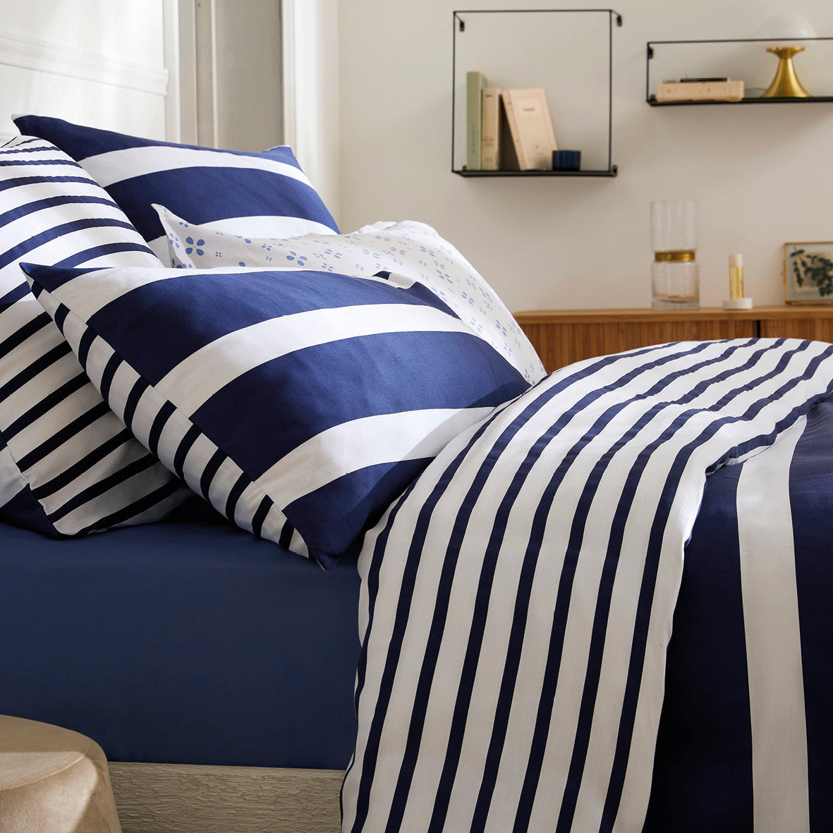 Duvet cover + pillowcase(s) cotton satin - Marinière Blue