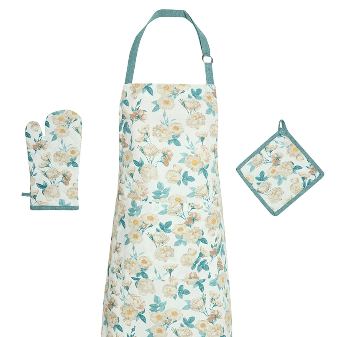 Set of apron, oven mitt and potholder  Calme floral White - 60 x 90 cm + 17 x 32 cm + 20 x 20 cm