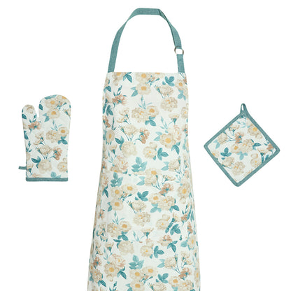 Set of apron, oven mitt and potholder  Calme floral White - 60 x 90 cm + 17 x 32 cm + 20 x 20 cm