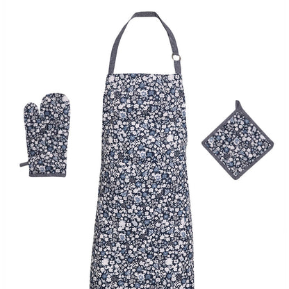 Set of apron, oven mitt and potholder Fleurs de nuit Dark blue - 60 x 90 cm + 17 x 32 cm + 20 x 20 cm