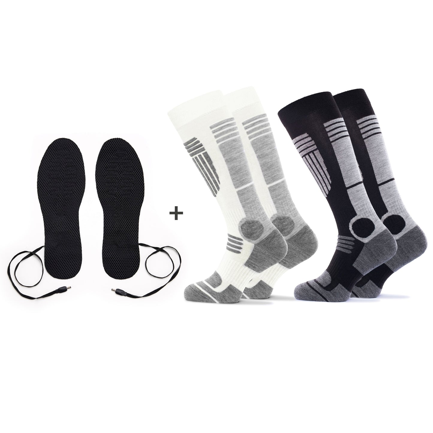 Set of 2 pairs of ski socks with heated insoles - Black/ White