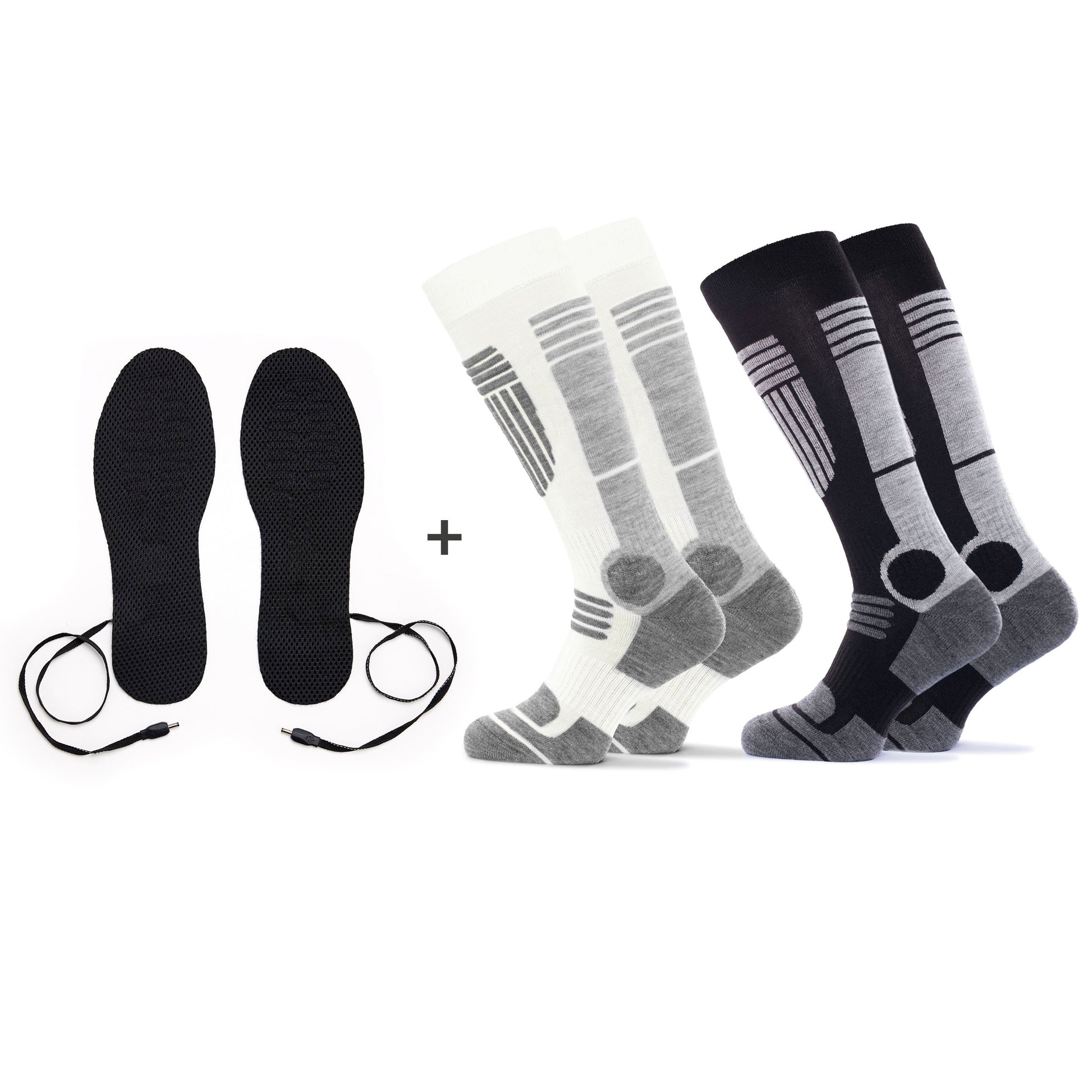 Set of 2 pairs of ski socks with heated insoles - Black/ White