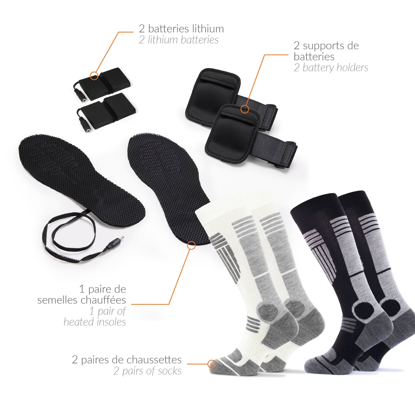 Set of 2 pairs of ski socks with heated insoles - Black/ White