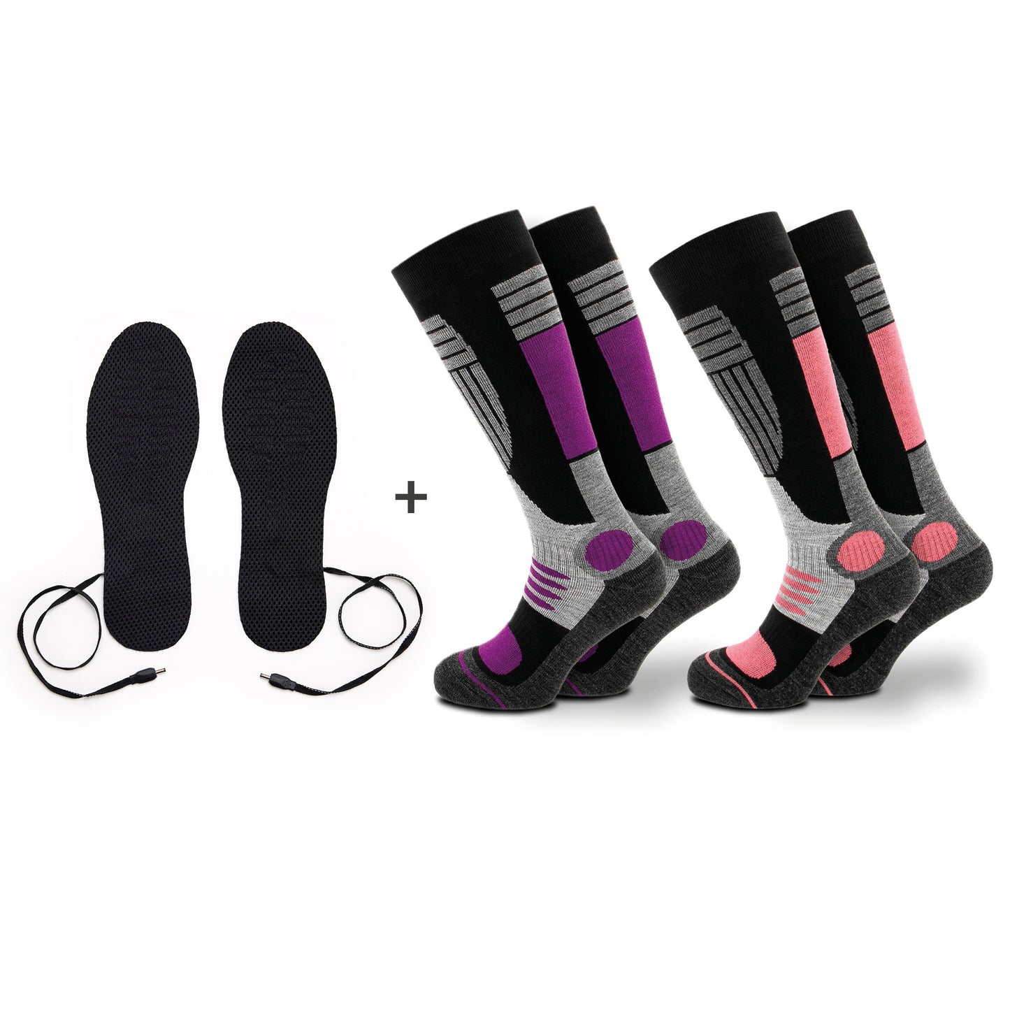 Set of 2 pairs of ski socks with heated insoles - Purple / Pink