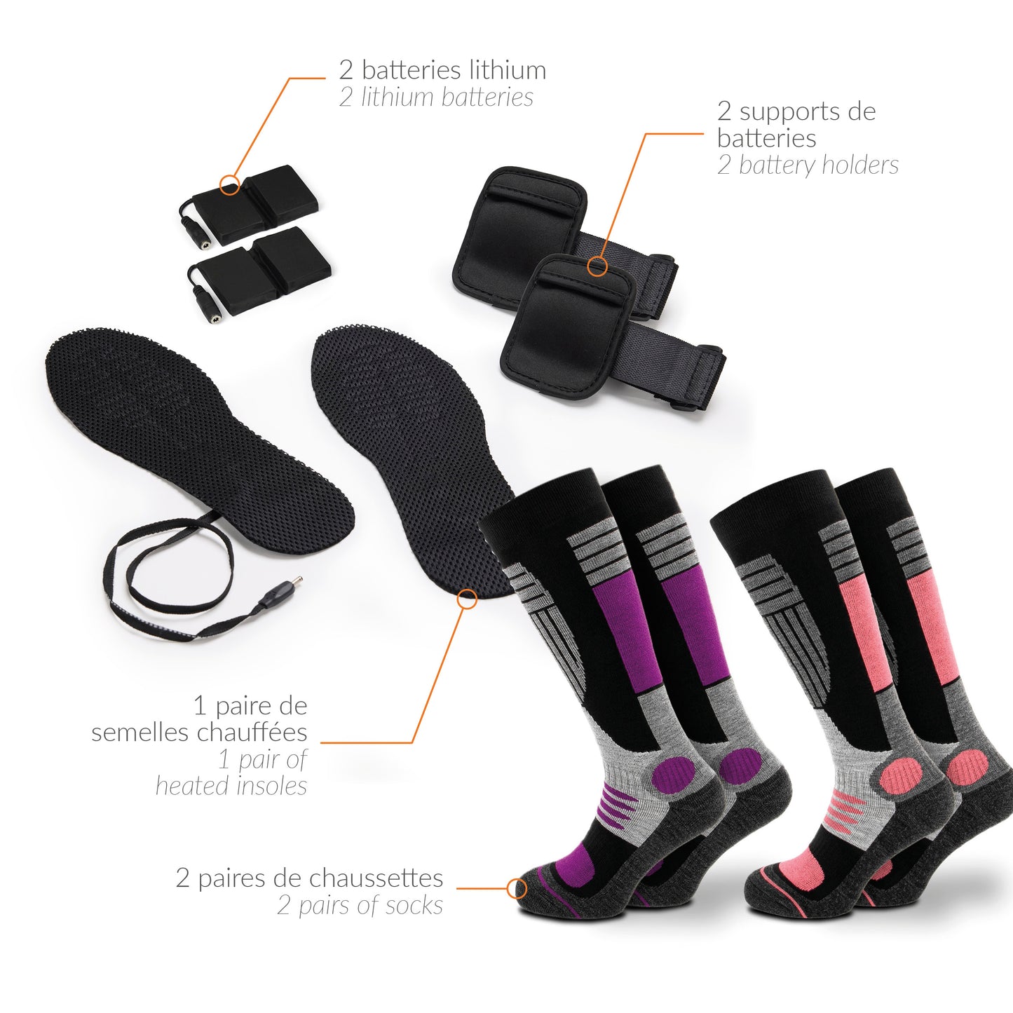Set of 2 pairs of ski socks with heated insoles - Purple / Pink