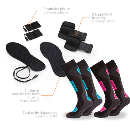 Set of 2 pairs of ski socks with heated insoles - Blue / Red
