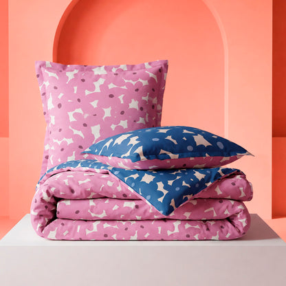Duvet cover + pillowcase cotton satin - Pulsation florale - Pink / Blue