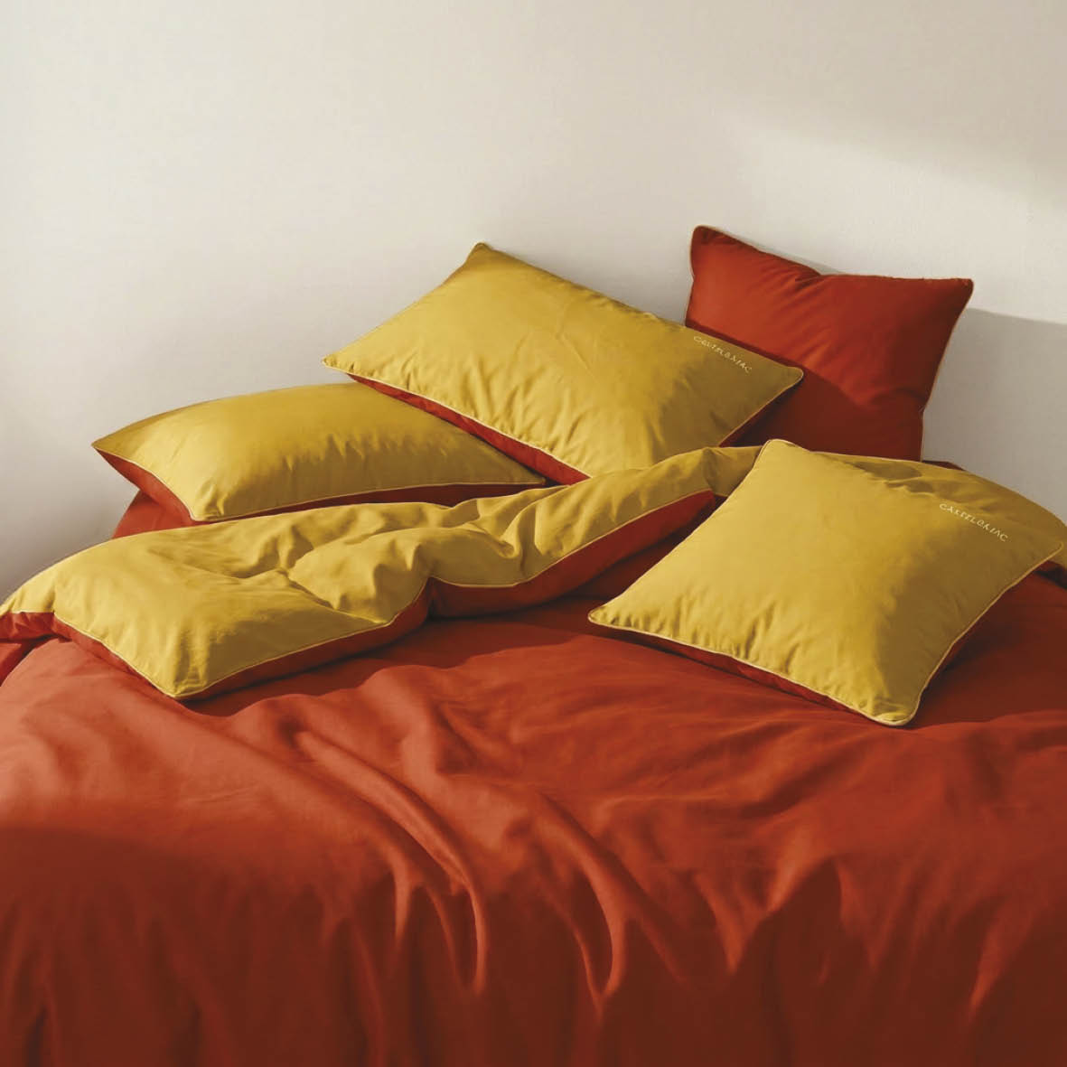 Duvet cover + pillowcase cotton satin - Uni piping - Spicy pumpkin / Honey gold