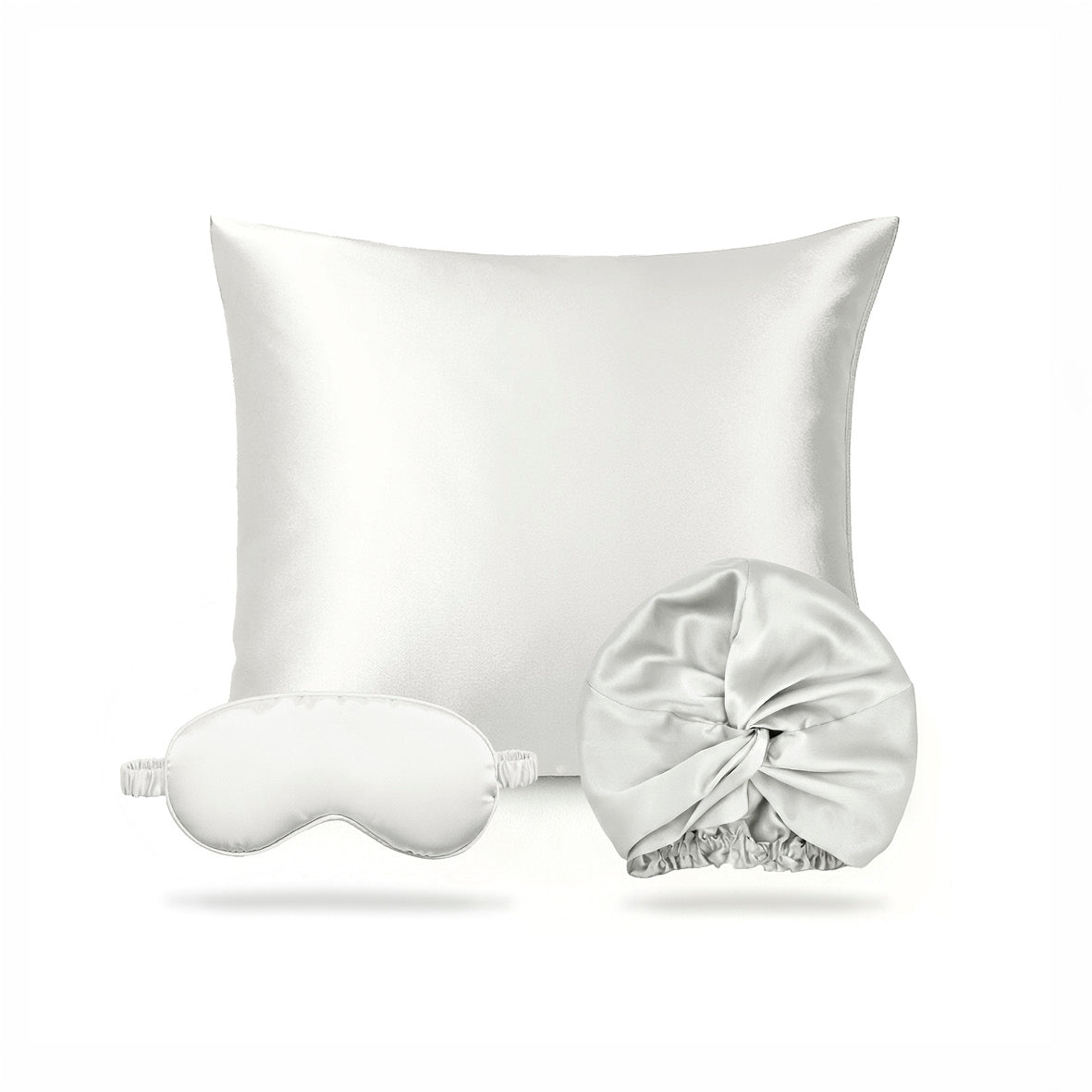 3-piece set with eye mask and nightcap - 100% mulberry silk 19 momme - Brume de soie - white 63 x 63 cm + 8.5 x 20.5 cm + 20 x 30 cm