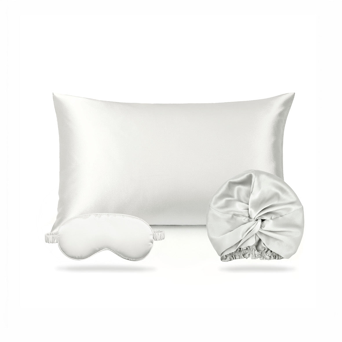 3-piece set with eye mask and nightcap - 100% mulberry silk 19 momme - Brume de soie - white 50 x 70 cm + 8.5 x 20.5 cm + 20 x 30 cm