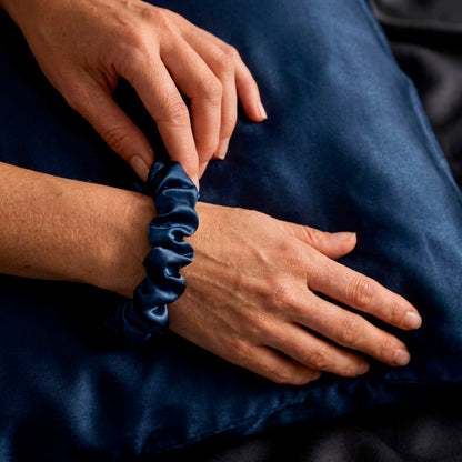 Set of 3 skinny scrunchies silk - Althéa Navy blue - 3 x (D 6 cm)