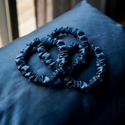Set of 3 skinny scrunchies silk - Althéa Navy blue - 3 x (D 6 cm)