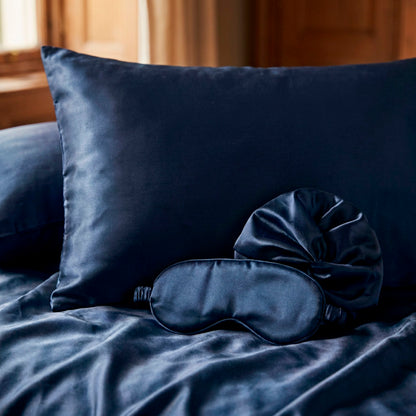 Pillowcase + eyemask + nightcap silk - Brume de soie Navy blue