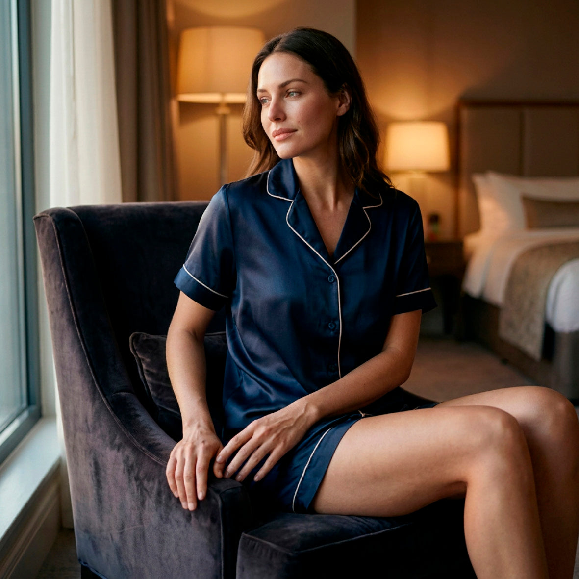 Short pajamas set silk - Calista Navy blue