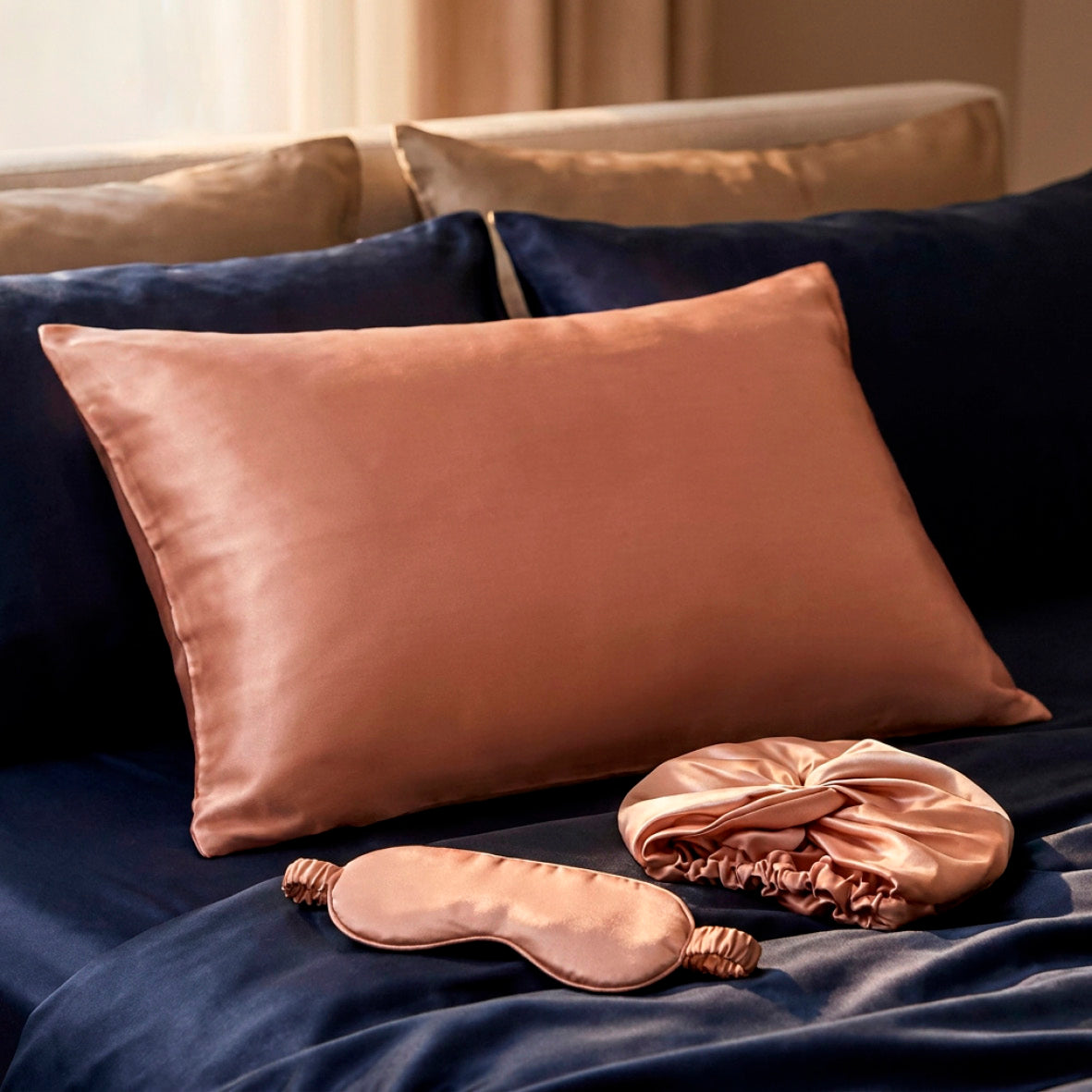 Pillowcase + eyemask + nightcap silk - Brume de soie Rose gold