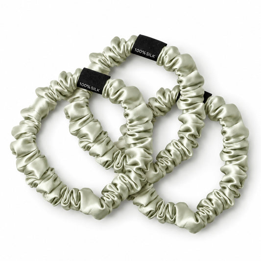 3 skinny scrunchies - 100% mulberry silk 19 momme - Althéa - sage green 3 x (D 6 cm)