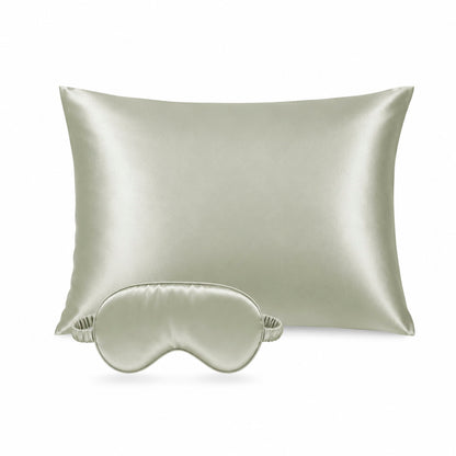 2-piece set with eyemask - 100% mulberry silk 19 momme - Brume de soie - sage green 50 x 70 cm + 8.5 x 20.5 cm