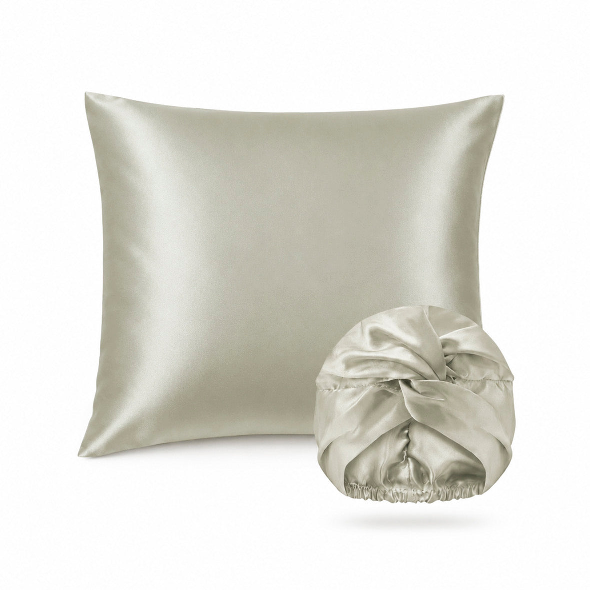 2-piece set with nightcap - 100% mulberry silk 19 momme - Brume de soie - sage green 63 x 63 cm + 20 x 30 cm