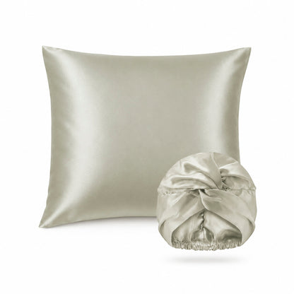 2-piece set with nightcap - 100% mulberry silk 19 momme - Brume de soie - sage green 63 x 63 cm + 20 x 30 cm