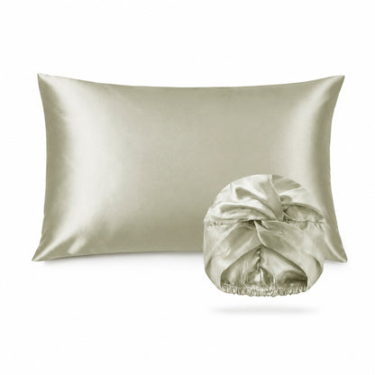 2-piece set with nightcap - 100% mulberry silk 19 momme - Brume de soie - sage green 50 x 70 cm + 20 x 30 cm