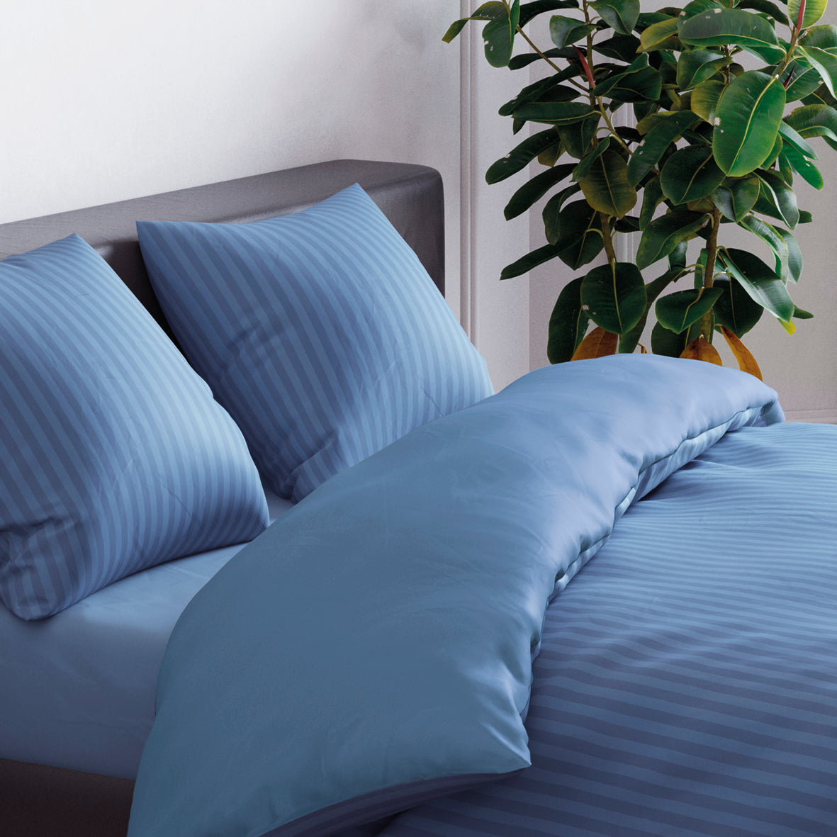 Set of 2 pillowcases cotton satin dobby stripe woven Blue - 50 x 70 cm