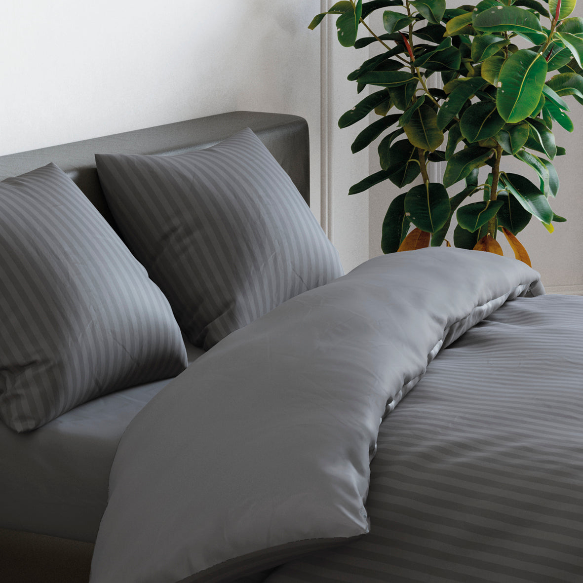 Set of 2 pillowcases cotton satin dobby stripe woven Dark grey - 63 x 63 cm