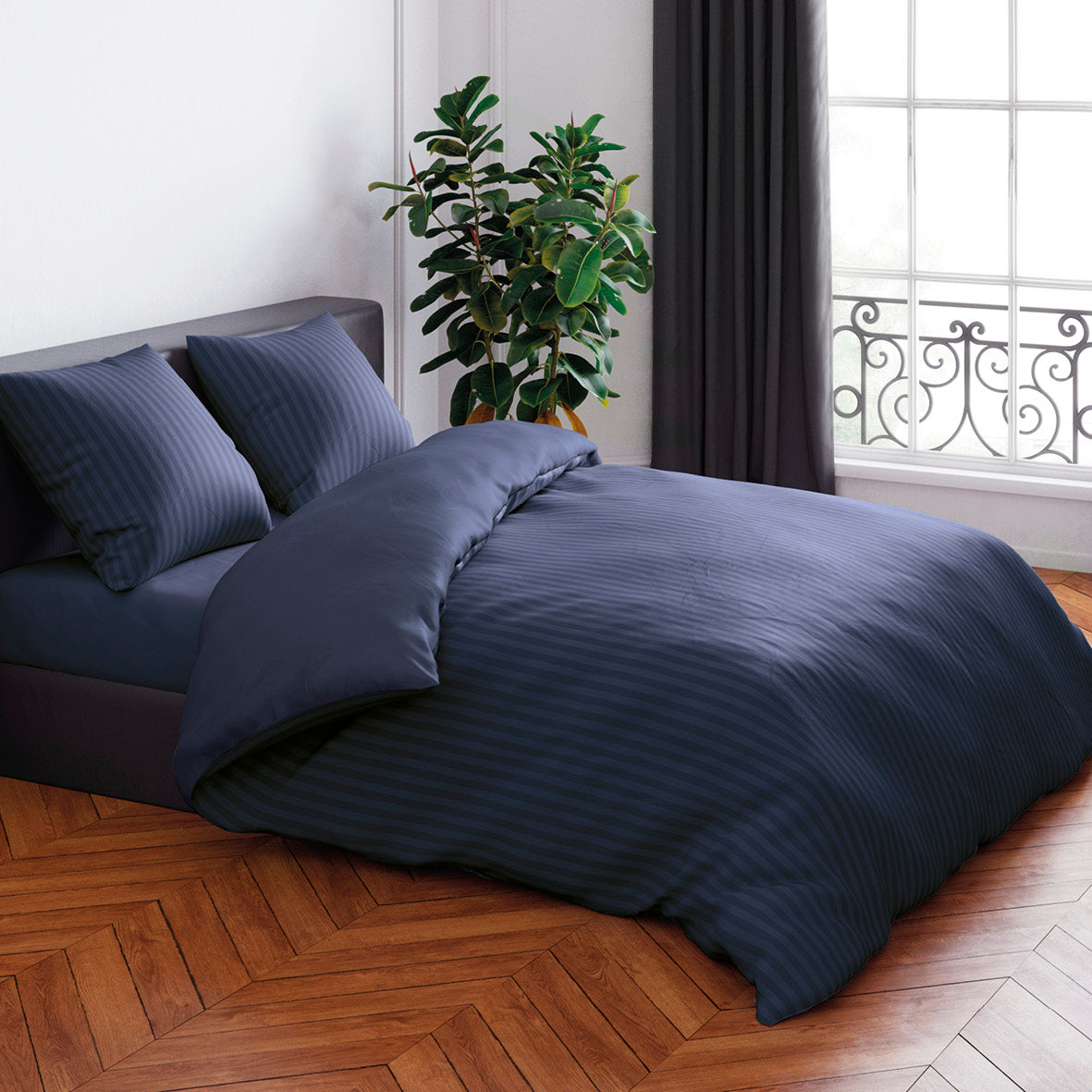 Duvet cover + pillowcase(s) cotton satin dobby stripe woven - Dark blue