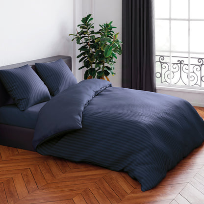 Duvet cover + pillowcase(s) cotton satin dobby stripe woven - Dark blue