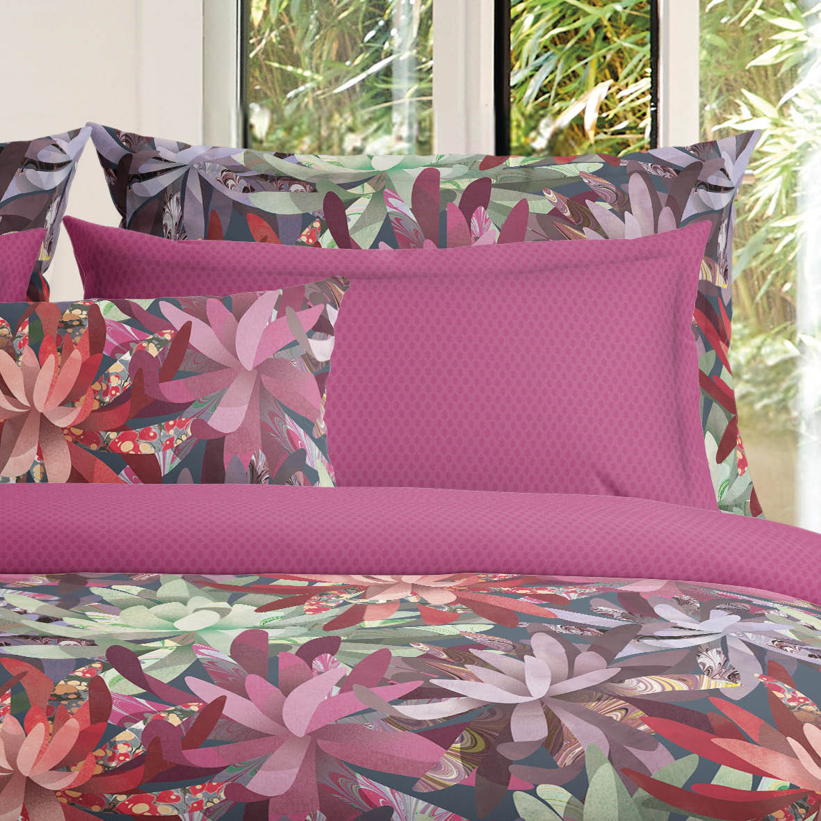 Duvet cover + pillowcase(s) cotton satin - Fleurs psychédéliques Fuchsia