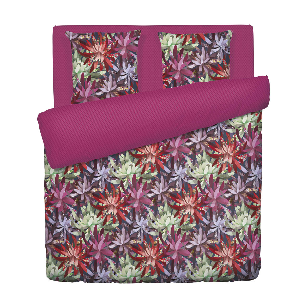 Duvet cover + pillowcase(s) cotton satin - Fleurs psychédéliques Fuchsia 260 x 240 cm + 2 x (63 x 63 cm)