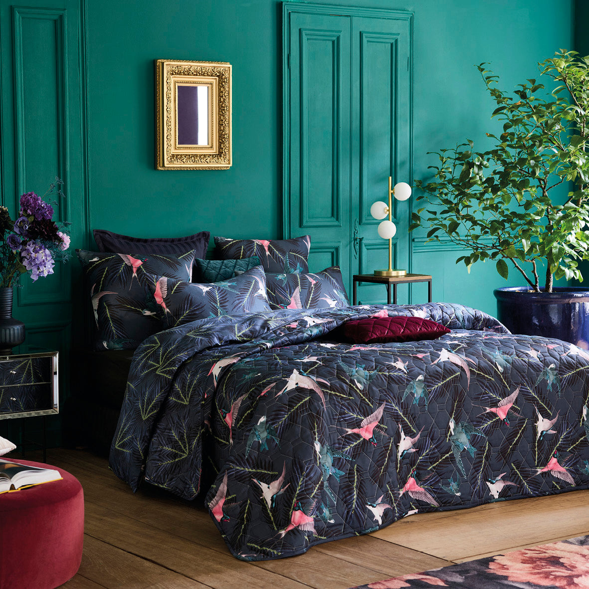 Duvet cover + pillowcase(s) cotton satin - Hirondelles Blue