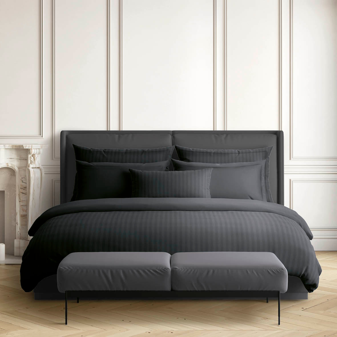 Drap plat satin de coton rayure tissé dobby - Noir