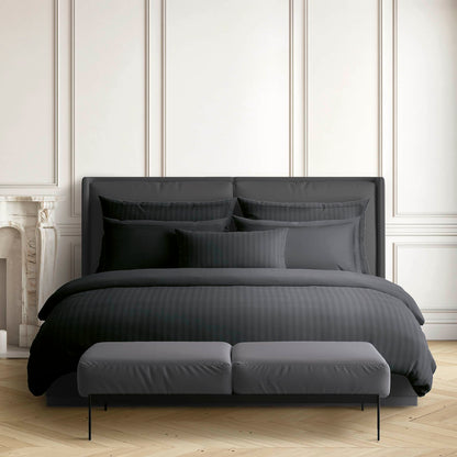 Drap plat satin de coton rayure tissé dobby - Noir