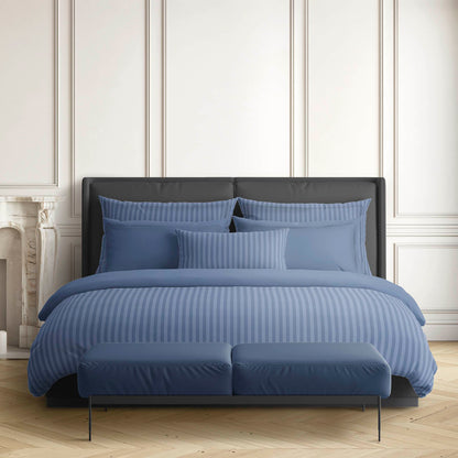 Drap plat satin de coton rayure tissé dobby - Blue