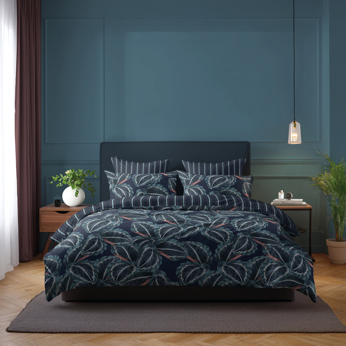 Duvet cover + pillowcase cotton satin - Calathea Dark blue