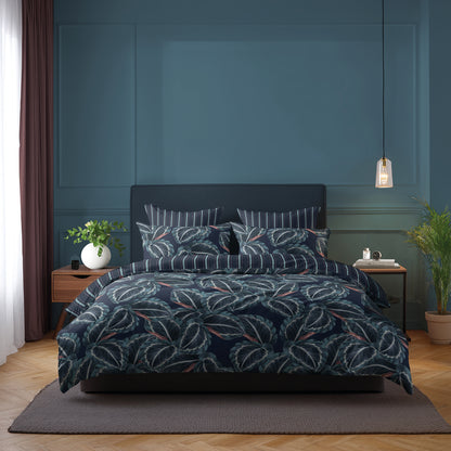 Duvet cover + pillowcase cotton satin - Calathea Dark blue