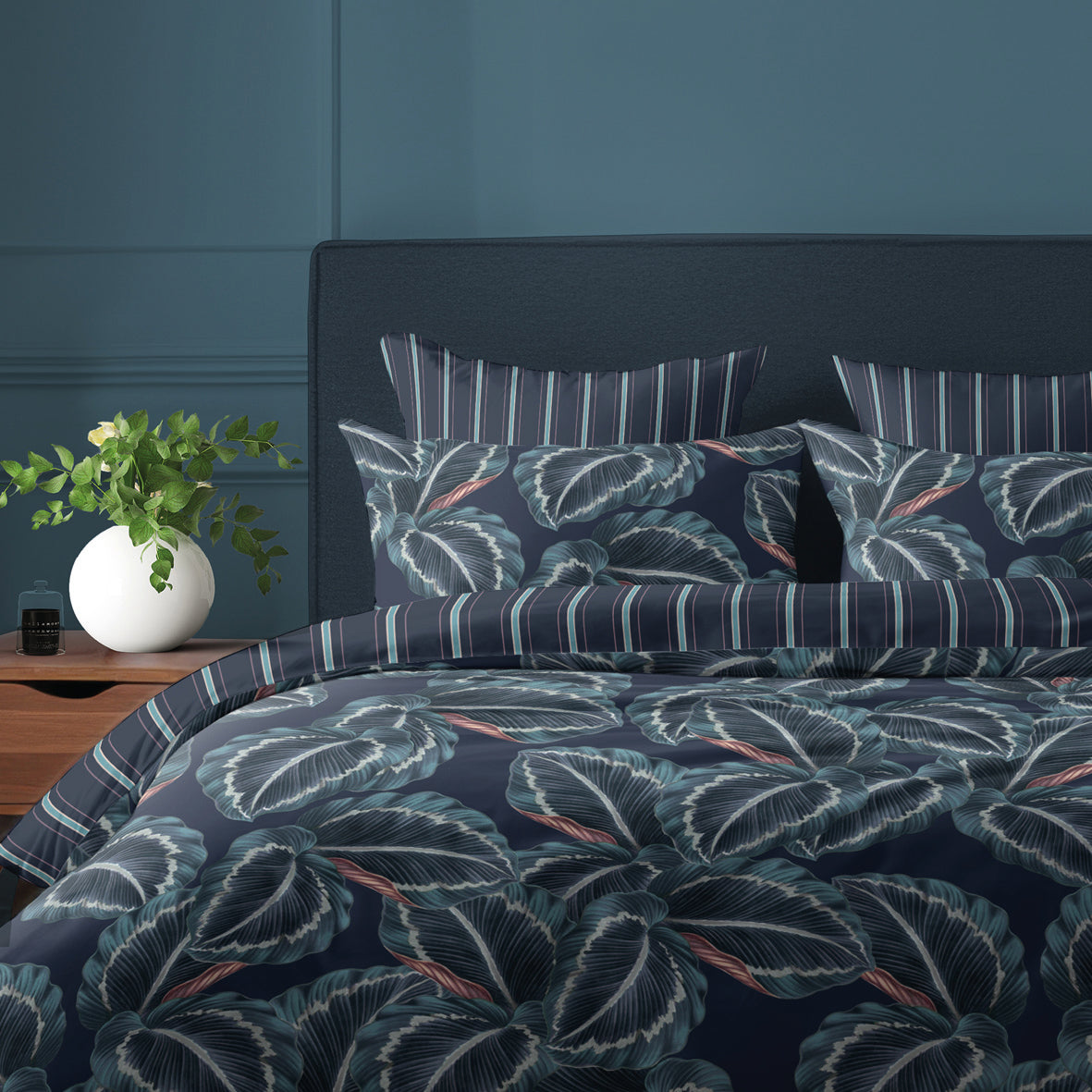 Duvet cover + pillowcase cotton satin - Calathea Dark blue