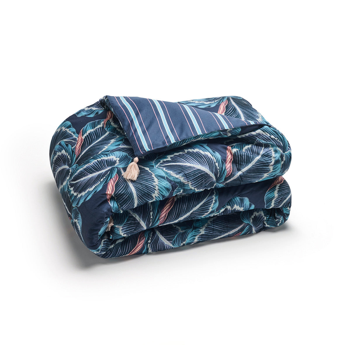 Quilt with tassels cotton satin Calathea Dark blue - 140 x 200 cm