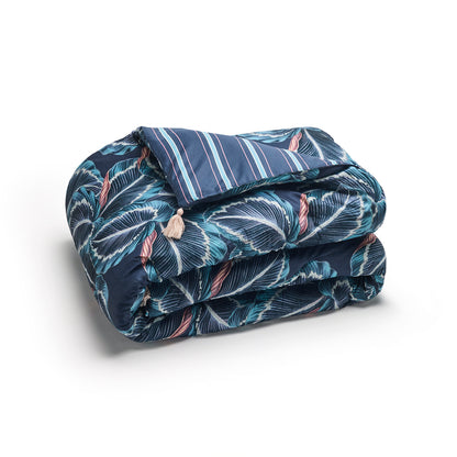 Quilt with tassels cotton satin Calathea Dark blue - 140 x 200 cm
